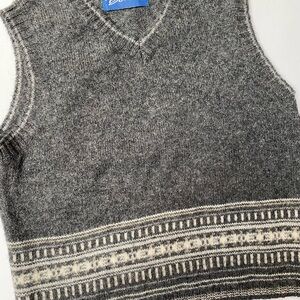 Women's Gray V-Neck Sweater Vest with Cream Fair Isle Hem